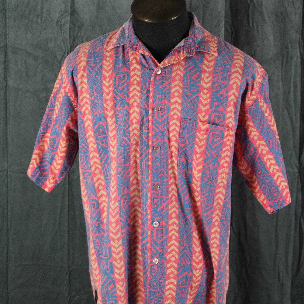 Vintage Button Down shirt - Neon Stripe Tribal Pattern - Men's Extra-Large
